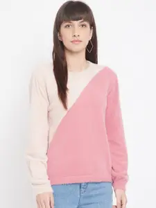 Madame Women Pink & Peach-Coloured Colourblocked Pullover with Fuzzy Detail