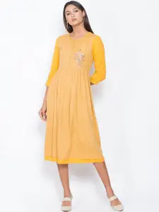 Be Indi Yellow Midi Fit & Flare Dress with Embroidered Detail