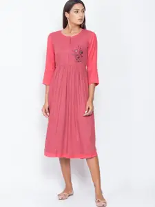 Be Indi Pink Midi Fit & Flare Dress with Embroidered Detail