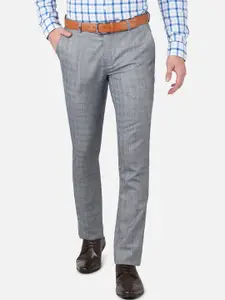 Oxemberg Men Grey & Blue Checked Smart Slim Fit Wrinkle Free Formal Trousers