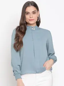 Madame Turquoise Blue Mandarin Collar Shirt Style Top