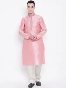 SG LEMAN Men Pink Thread Work Raw Silk Kurta with Pyjamas