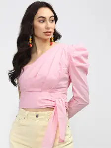 Tokyo Talkies Pink One Shoulder Wrap Crop Top
