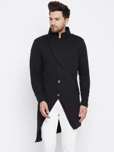 CHILL WINSTON Men Black Solid Mandarin Collar Longline Tailored Jacket