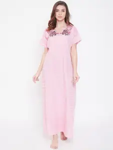 The Kaftan Company Pink Embroidered Pure Cotton Maxi Nightdress