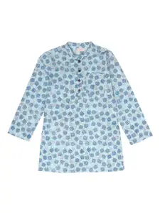 My Little Lambs Boys Blue Floral Printed Pure Cotton Kurta with Pyjamas