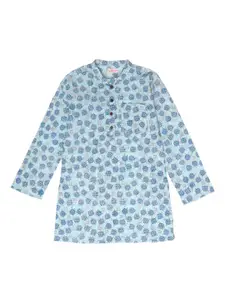 My Little Lambs Boys Blue Printed Pure Cotton Sleeves Kurta