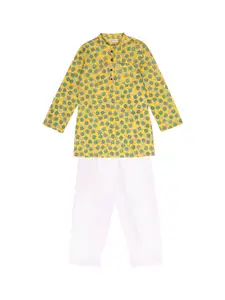 My Little Lambs Boys Yellow Floral Printed Pure Cotton Kurta with Pyjamas