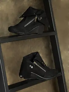 Inc 5 Black Wedge Heeled Boots with Buckles