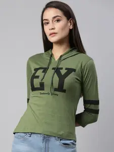 Enviously Young Women Olive Green & Black Printed Pure Cotton Hooded T-shirt