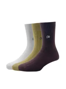 Peter England Men Beige & Brown Pack of 3 Cotton Calf Length Socks