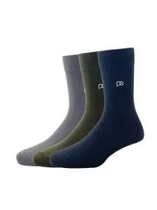 Peter England Men Grey & Olive Pack of 3 Cotton Full Length Socks