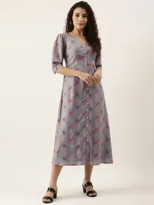 Ethnovog Women Blue Ethnic Motifs Printed A-Line Midi Dress