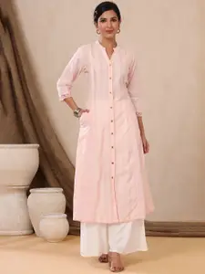Juniper Women Pink Abstract Embroidered Mandarin Collar Thread Work Cotton A-Line Kurta