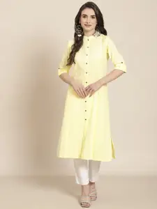 Juniper Women Yellow Solid Mandarin Collar Roll-Up Sleeves Panelled A-Line Kurta