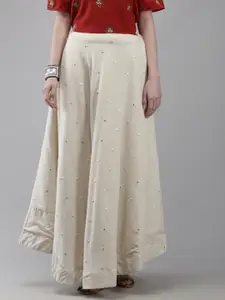 Ishin Women Off White Khadi Cotton Mirror Work Flared Maxi Skirt