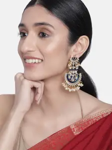 I Jewels Navy Gold-Plated Handcrafted Kundan-Studded Crescent Shaped Chandbalis Earrings