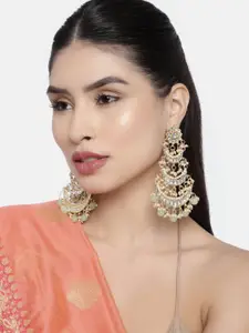 I Jewels Gold-Plated & Green White Kundan-Studded Crescent Shaped Chandbalis Earrings