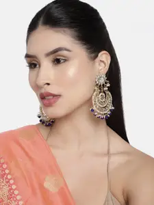 I Jewels Blue & Off White Gold-Plated Kundan-Studded Crescent Shaped Chandbalis Earrings