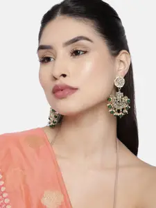 I Jewels Green & Off White Gold-Plated Kundan-Studded Crescent Shaped Drop Earrings