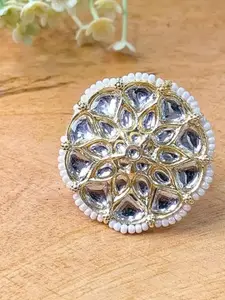 I Jewels White Gold Plated Kundan Studded Handcrafted Finger Ring