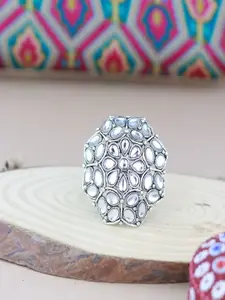 I Jewels Silver-Toned Rhodium Plated Oxidised Mirror Work Finger Ring