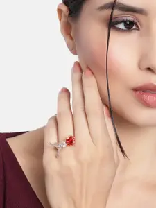 I Jewels Red Rose Gold Plated Bird Design CZ American Diamond Adjustable Finger Ring