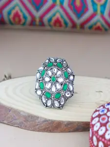 I Jewels Green & Silver-Toned Rhodium Plated Kundan Handcrafted Finger Ring