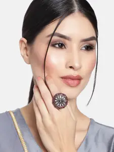 I Jewels Maroon & Silver-Toned Rhodium Plated Oxidised Kundan Handcrafted Finger Ring