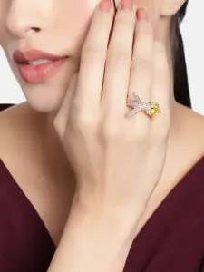I Jewels Yellow Rose Gold Plated Bird Design CZ American Diamond Adjustable Finger Ring
