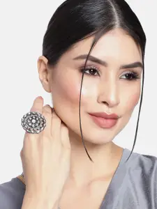 I Jewels Nude Pink & Silver-Toned Rhodium Plated Oxidised Kundan Handcrafted Finger Ring