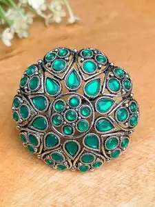 I Jewels Green & Silver-Toned Rhodium Plated Kundan Handcrafted Finger Ring