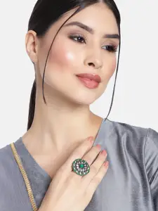 I Jewels Green & Silver-Toned Rhodium Plated Oxidised Kundan Handcrafted Finger Ring