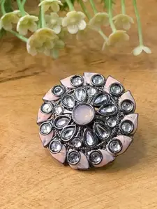 I Jewels Nude Pink & Silver-Toned Rhodium Plated Oxidised Kundan Handcrafted Finger Ring