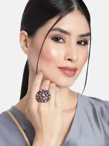 I Jewels Maroon & Silver-Toned Rhodium Plated Oxidised Kundan Handcrafted Finger Ring