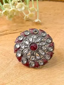 I Jewels Maroon & Silver-Toned Rhodium Plated Oxidised Kundan Handcrafted Finger Ring
