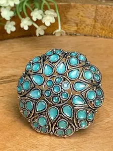 I Jewels Turquoise Blue & Silver-Toned Rhodium Plated Kundan Handcrafted Finger Ring