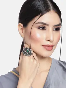 I Jewels Green & Silver-Toned Oxidised Rhodium Plated Meenakari Kundan Finger Ring