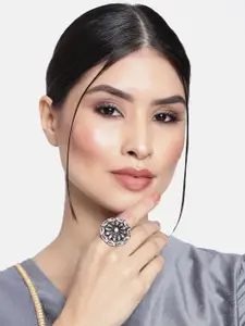 I Jewels Nude Pink & Silver-Toned Oxidised Rhodium Plated Meenakari Kundan Finger Ring