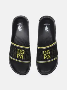 U.S. Polo Assn. Men Black & Yellow Breyton 2.0 Self Design Applique Synthetic Sliders