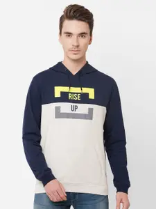 Pepe Jeans Men Grey & Navy Blue Printed Hooded Sweatshirt