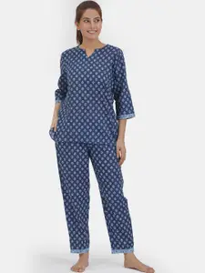 Do Dhaage Women Navy Blue & Blue Pure Cotton Printed Night suit