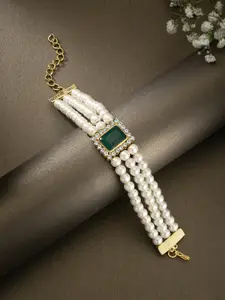Peora Women Green Gold-Plated Pearl Studded Cube Crystal In Middle Bracelet