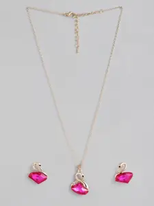 Peora Gold Plated Swan Red Pink Crystal Pendant Necklace with Earrings Set
