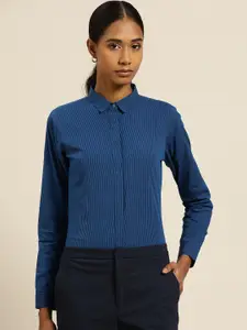 Hancock Women Navy Blue Slim Fit Pinstripes Striped Formal Shirt