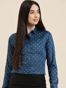 Hancock Women Navy Blue & Beige Slim Fit Geometric Printed Formal Shirt