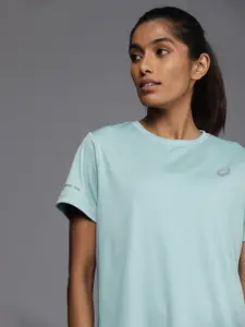 ASICS Women Blue & Bronze-Toned Brand Logo Printed Running T-shirt