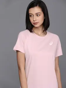 ASICS Women Pink Solid Pure Cotton T-shirt