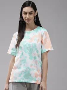 The Dry State Women Sea Green & Peach-Coloured Tie and Dye Printed Loose T-shirt