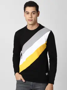 Peter England Casuals Men Black & Yellow Colourblocked Sweatshirt